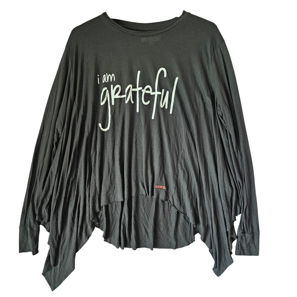 Peace Love World Black I Am Grateful Sharkbite High-Low Modal Top Womens Medium